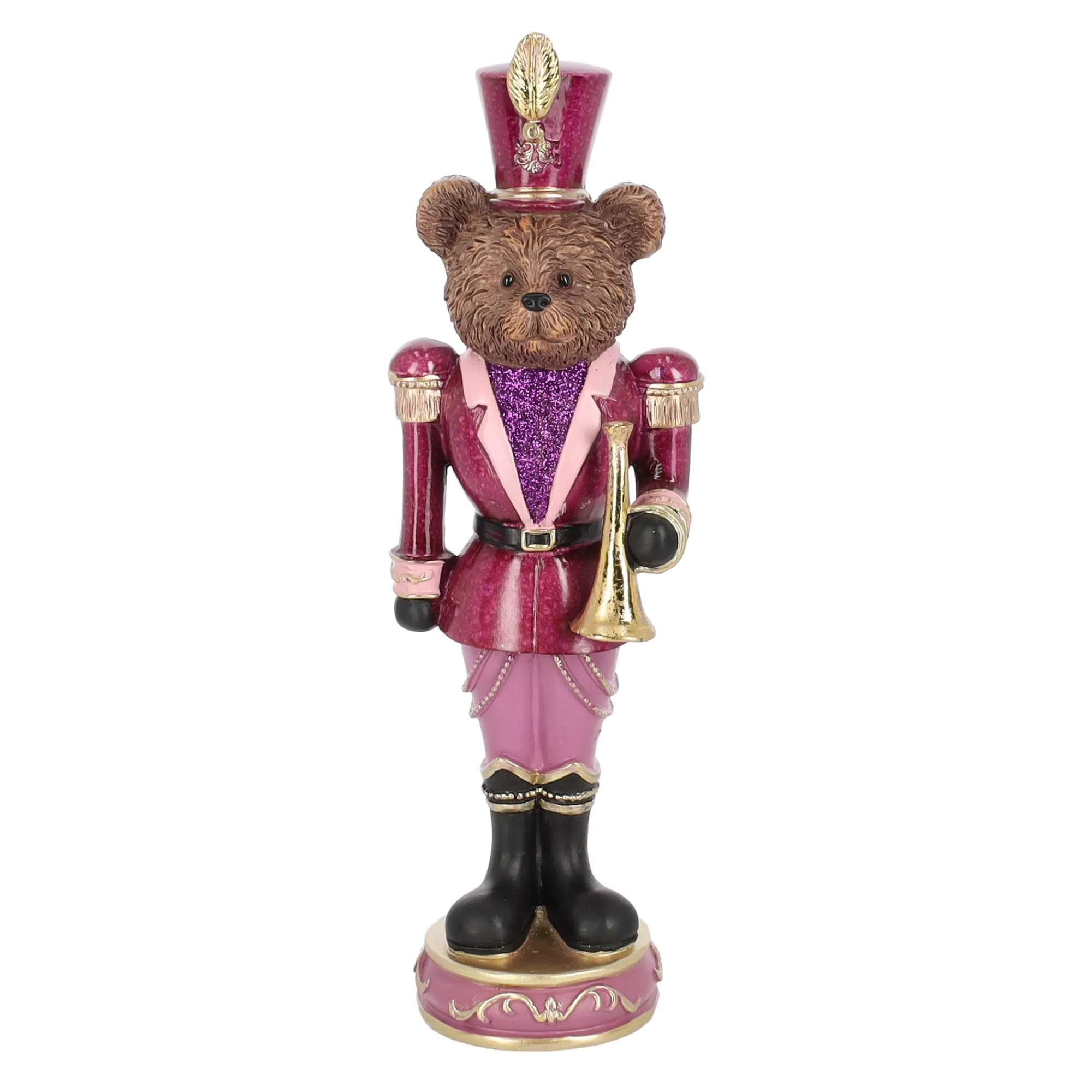 Kerstdecoratie>Beeld beer trompet roze 33 cm