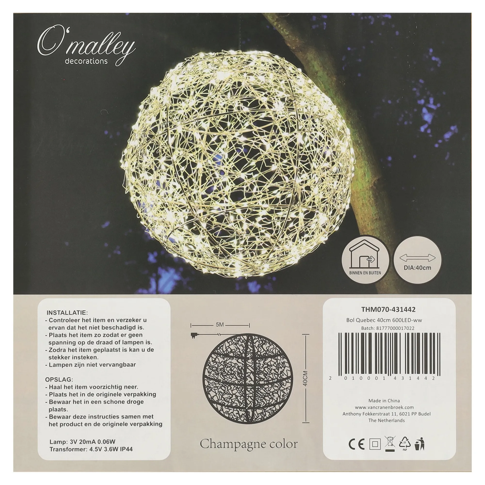 O'malley Kerstverlichting>Bol Quebec 30cm 400LED-ww
