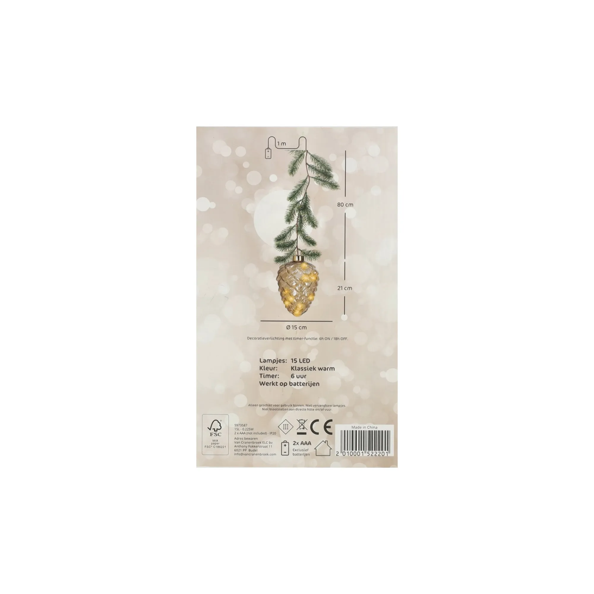 O'malley Kerstdecoratie>Dennenappel met dennentak 15 LED
