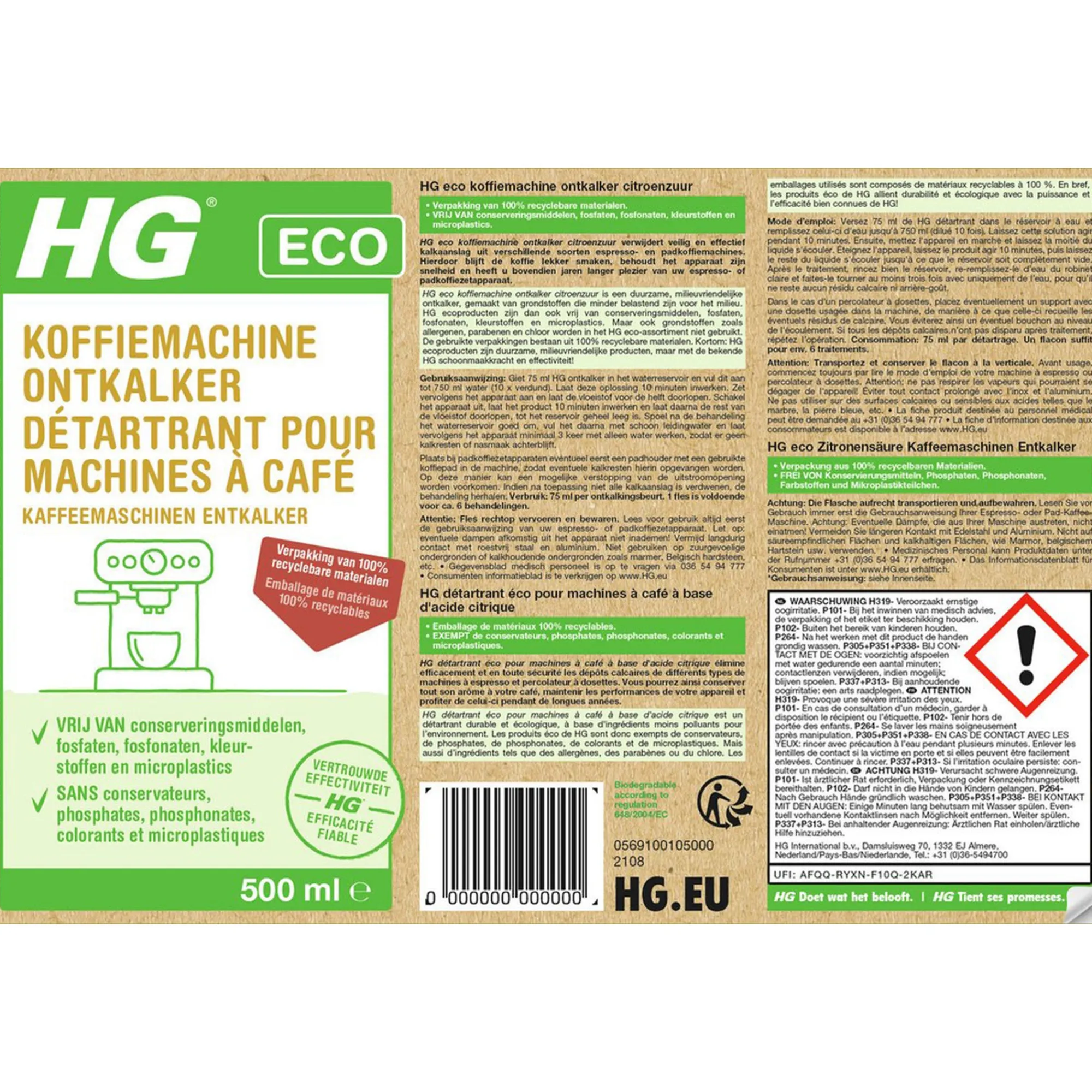 HG Schoonmaken>ECO koffiemachine ontkalker citroenzuur 0.5L NL/BE