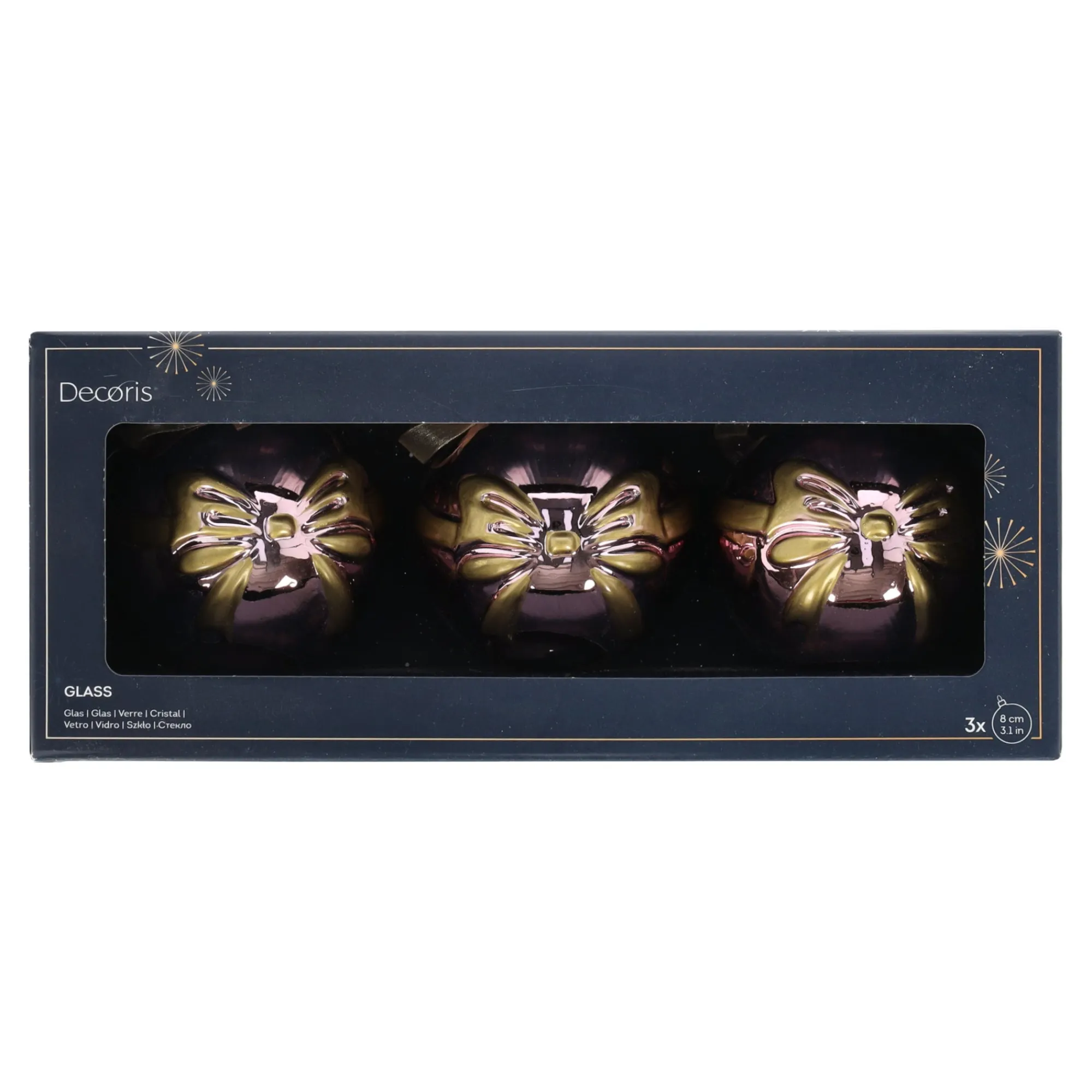 Decoris Kerstballen>Kerstbal glas strik roze 8 cm 3st.