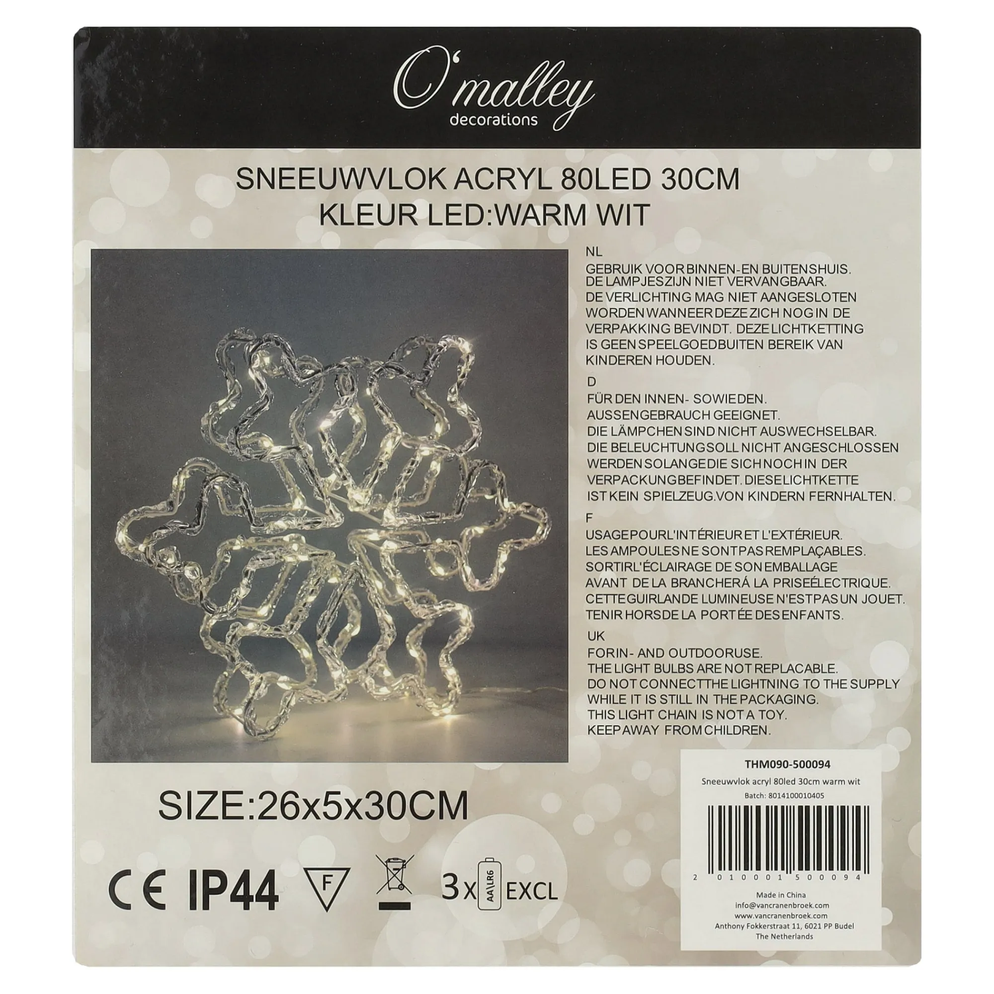 O'malley Kerstdecoratie>Sneeuwvlok acryl 80 LED warm wit