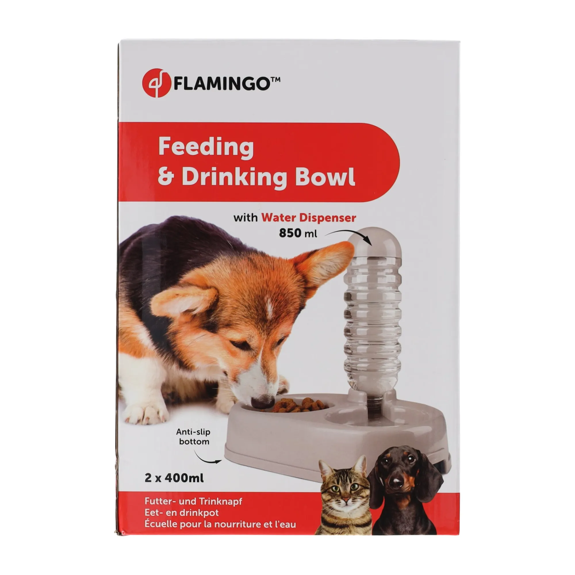 Flamingo Drink- En Voerbak Hond>Voerbak met waterfles 850ml Alun grijs